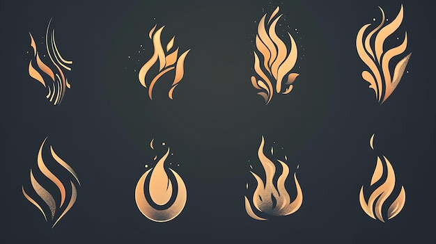 Versatile fire icon set featuring various flame designs with dynamic and stylized shapes glowing effects and vibrant colors on a dark background for digital projects