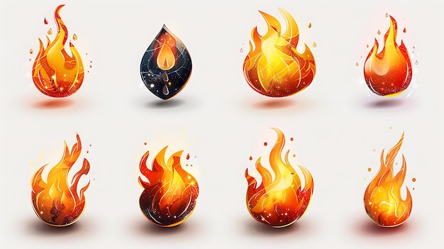 Photo versatile fire icon set featuring various flame designs with dynamic and stylized shapes glowing effects and vibrant colors on a dark background for digital projects