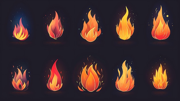 Versatile fire icon set featuring various flame designs with dynamic and stylized shapes glowing effects and vibrant colors on a dark background for digital projects