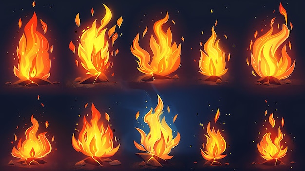 Photo versatile fire icon set featuring various flame designs with dynamic and stylized shapes glowing effects and vibrant colors on a dark background for digital projects