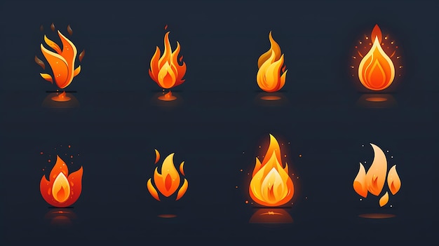 Photo versatile fire icon set featuring various flame designs with dynamic and stylized shapes glowing effects and vibrant colors on a dark background for digital projects