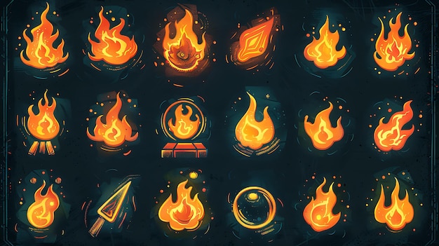 Photo versatile fire icon set featuring various flame designs with dynamic and stylized shapes glowing effects and vibrant colors on a dark background for digital projects