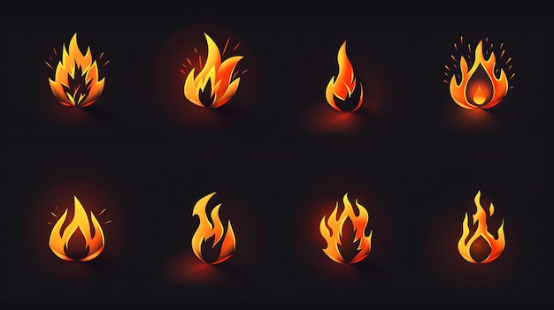 Versatile fire icon set featuring various flame designs with dynamic and stylized shapes glowing effects and vibrant colors on a dark background for digital projects