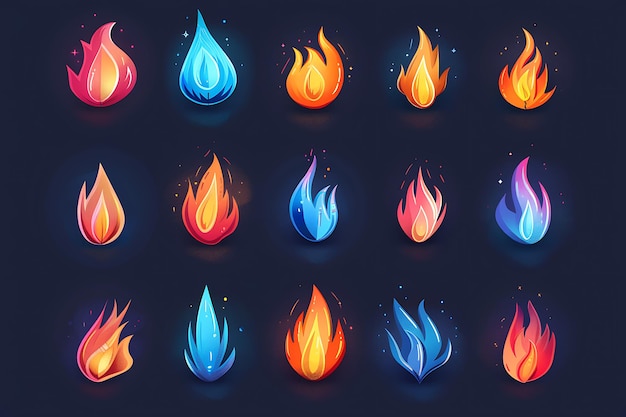 Photo versatile fire icon set featuring various flame designs with dynamic and stylized shapes glowing effects and vibrant colors on a dark background for digital projects