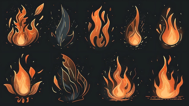 Photo versatile fire icon set featuring various flame designs with dynamic and stylized shapes glowing effects and vibrant colors on a dark background for digital projects