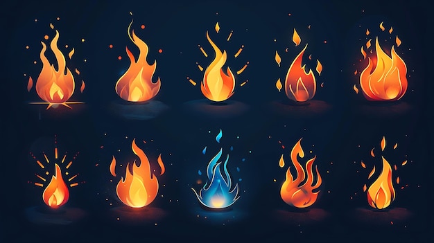 Photo versatile fire icon set featuring various flame designs with dynamic and stylized shapes glowing effects and vibrant colors on a dark background for digital projects