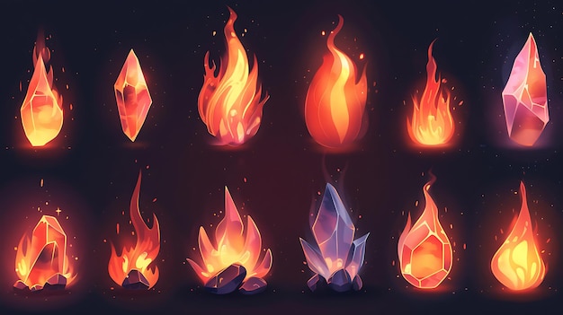 Photo versatile fire icon set featuring various flame designs with dynamic and stylized shapes glowing effects and vibrant colors on a dark background for digital projects