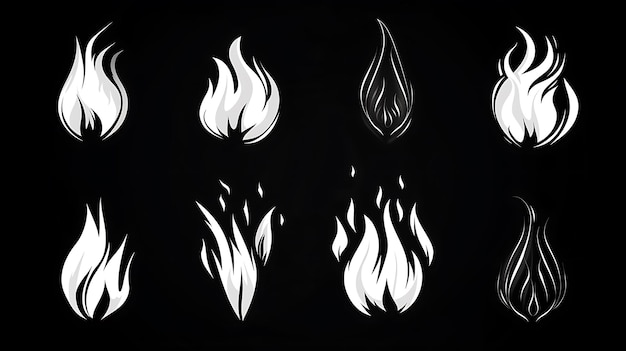 Versatile fire icon set featuring various flame designs with dynamic and stylized shapes glowing effects and vibrant colors on a dark background for digital projects