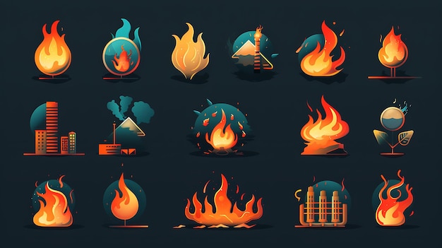 Photo versatile fire icon set featuring various flame designs with dynamic and stylized shapes glowing effects and vibrant colors on a dark background for digital projects