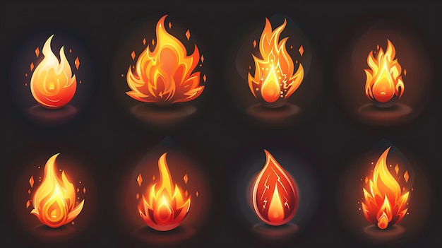 Versatile fire icon set featuring various flame designs with dynamic and stylized shapes glowing effects and vibrant colors on a dark background for digital projects