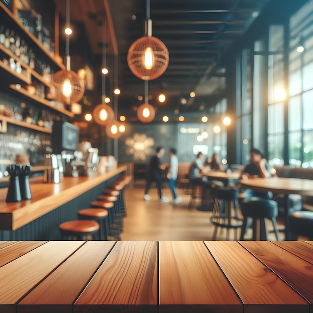 Versatile wood table in cafe setting for product showcasing