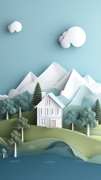 Photo vertical 3d paper cut forest landscape mountain paper cut style natural landscape scene illustration