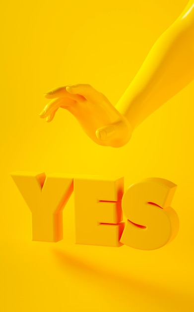 Vertical 3d rendering of yellow hand on yellow background with word YES