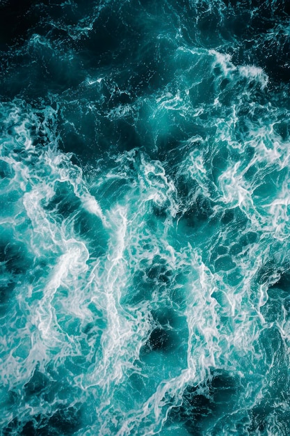 Vertical aerial view from above of turquoise ocean water with splashes