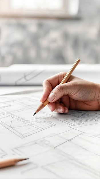 Photo vertical ai illustration architect handdrawing a blueprint detail architecture buildings concept