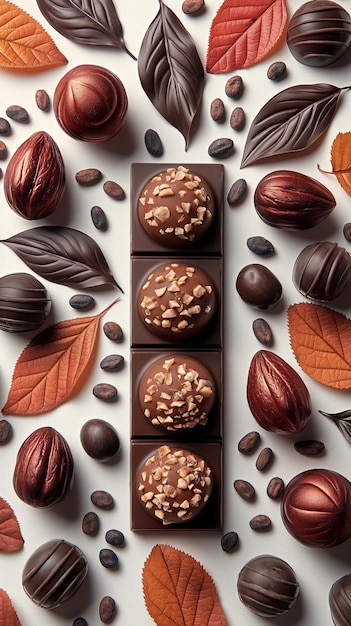 Vertical AI illustration assorted gourmet chocolate pralines with autumn leaves Food concept