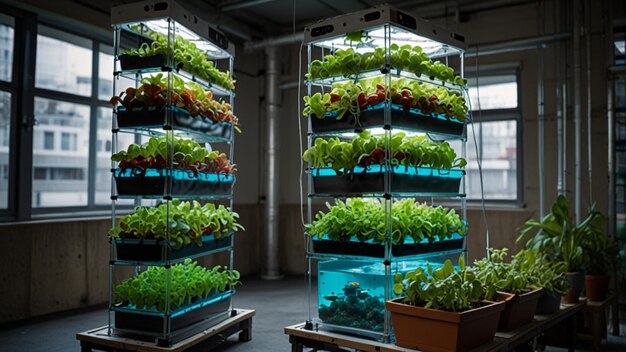 Photo vertical aquaponics systems in urban environments