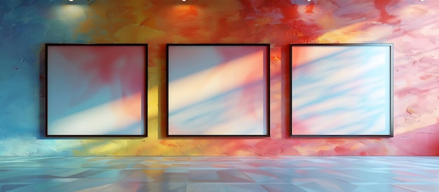 Vertical arrangement of three empty square frames on a colorful wall gently lit