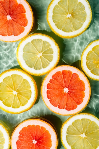 Vertical background of fruit citrus lemon orange grapefruit slices in water splashing fresh transparent surface