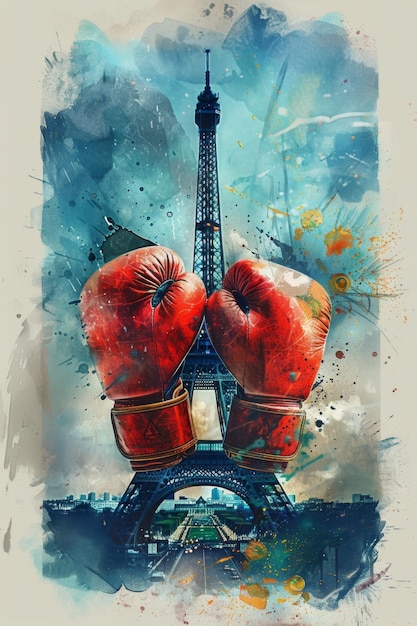 Vertical banner Summer Olympic Games red boxing gloves on the background of the Eiffel Tower city panorama and blue sky vintage card free space for text