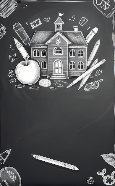 Photo vertical blackboard with copy space drawings icons on a school theme