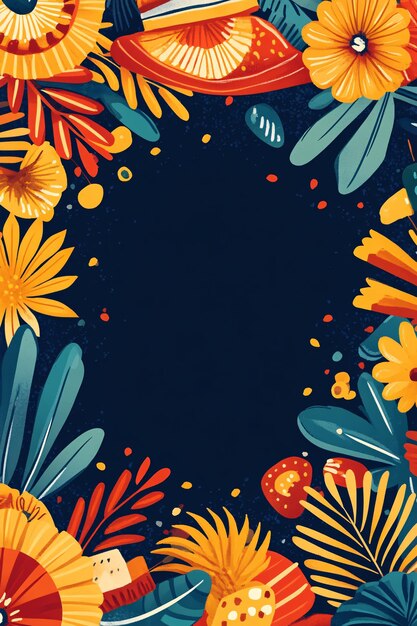 Photo vertical border of vibrant tropical leaves and flowers on a dark background brings festive flair