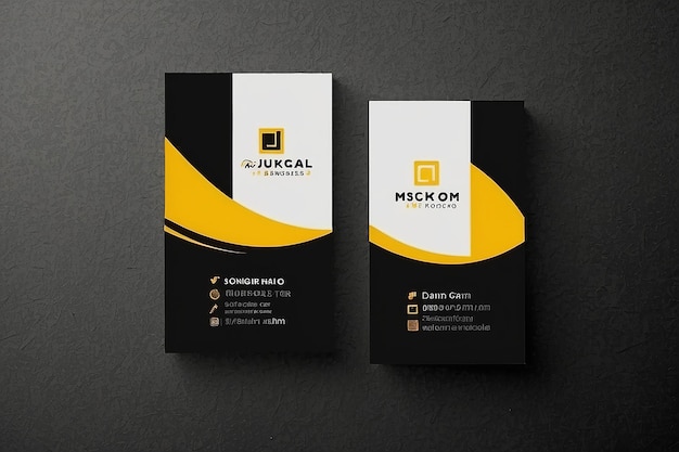 Photo vertical business card print template black and yellow clean flat design