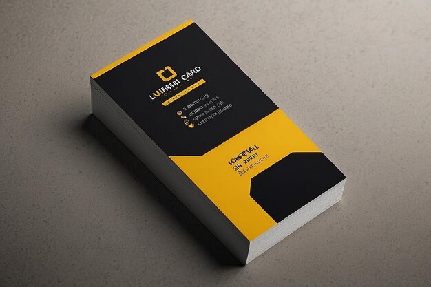 Photo vertical business card print template black and yellow clean flat design