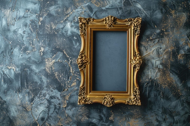 Photo vertical classic golden picture frame on gray wall