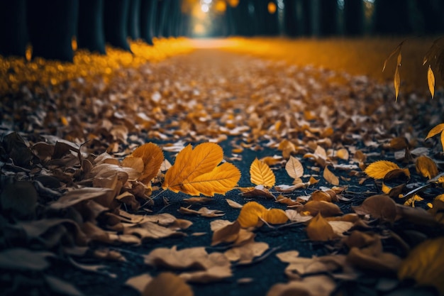 Vertical close up of golden leaves on the ground with blurry trees in the distance