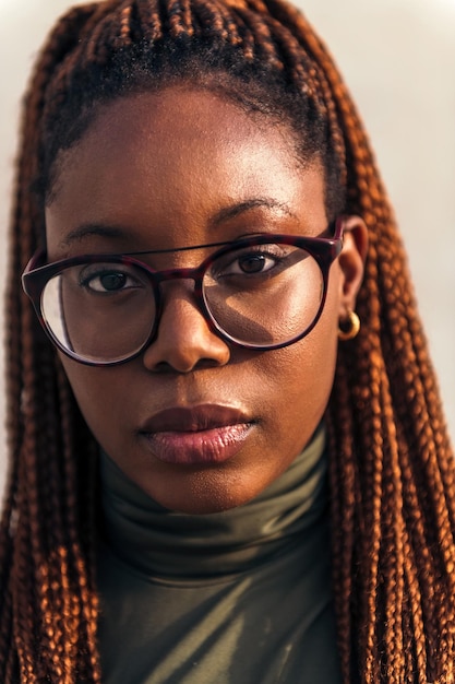 Vertical close-up portrait of a young black woman with glasses looking at the camera, concept of youth and racial diversity