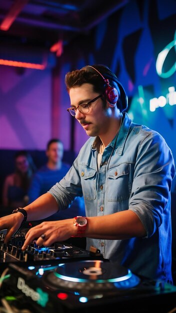 Vertical closeup of a dj working in a nightclub