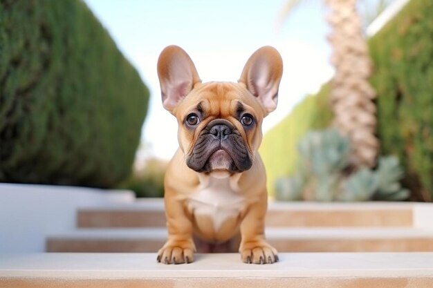 Photo vertical closeup of a fawn french bulldog standing on the stairs outdoors