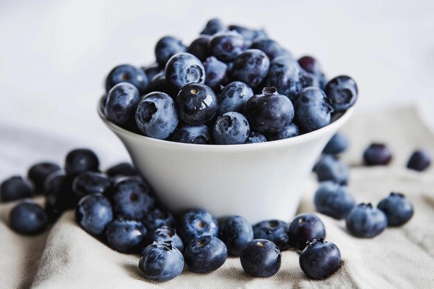 Vertical closeup of fresh blueberries in a white bowl