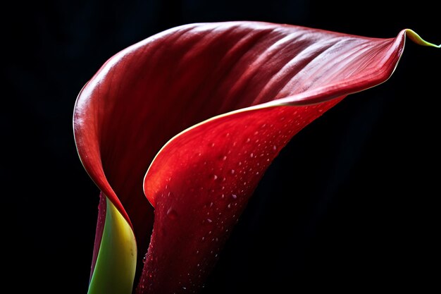 Vertical closeup of a red calla flower with a long stamen