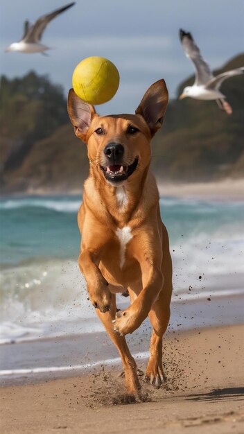 Vertical closeup shot of a companion dog catching a ball while running on the sand