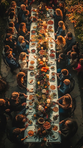 Photo vertical composition of a long table with people celebrating