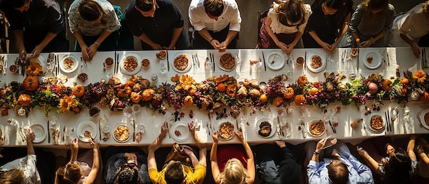 Photo vertical composition of a long table with people celebrating