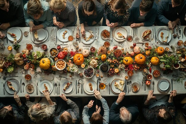 Photo vertical composition of a long table with people celebrating