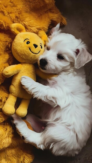 Photo vertical of a cute shite dog and a yellow stuffed animal laying on the floor