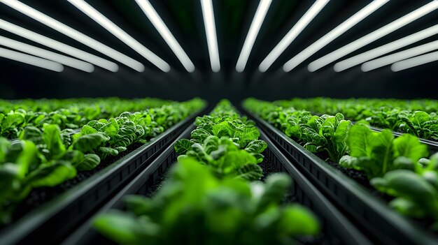 Vertical farm with multilayered crops under LED lights futuristic sustainable agriculture concept