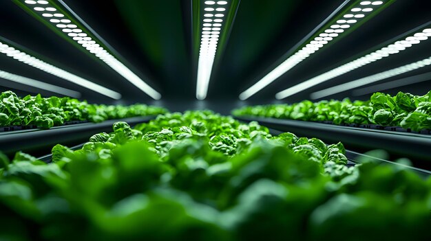 Vertical farm with multilayered crops under LED lights futuristic sustainable agriculture concept