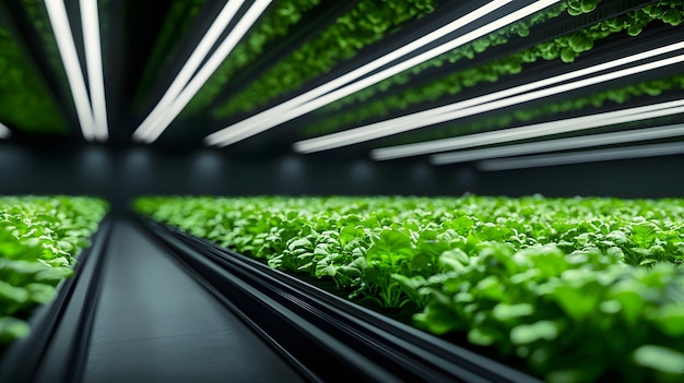 Vertical farm with multilayered crops under LED lights futuristic sustainable agriculture concept