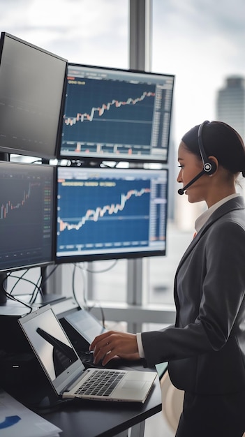 Vertical Footage of Financial Analyst Using Laptop Computer Standing Next to Multi Monitor Worksta