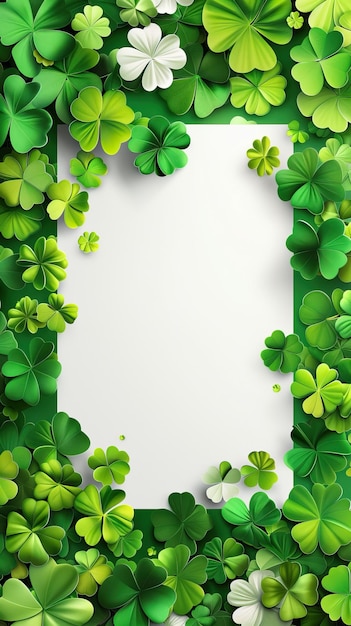 A vertical frame bordered by a variety of green shamrock leaves and flowers with a blank white center for text or image placement