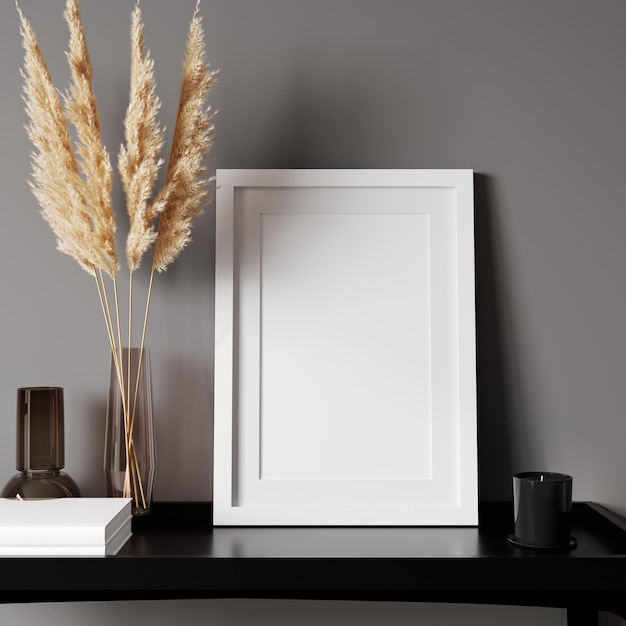 Vertical frame mockup with pampas grass in vase and candle on black console gray wall background A4