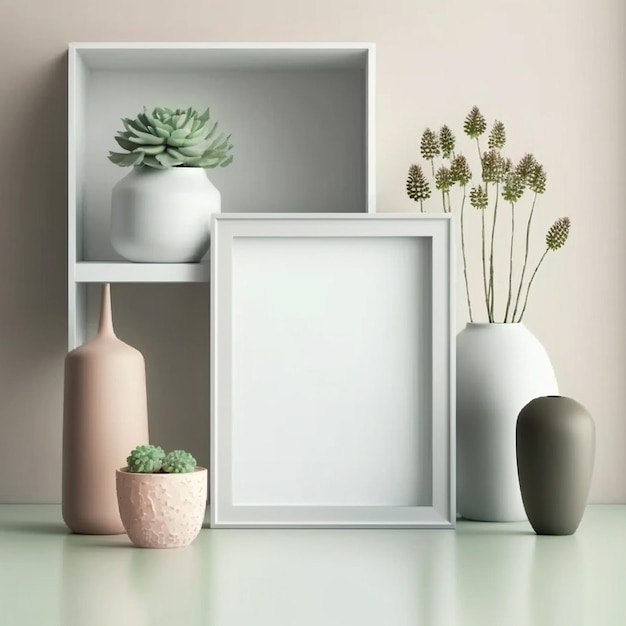 Vertical frame with white blank card succulents and dry flowers in vases on light pastel colours background Mockup template for your design text