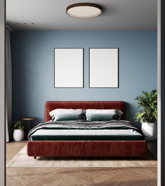 Vertical frames mockup in modern bedroom interior with red bed on blue wall background 3d rendering 3d illustration