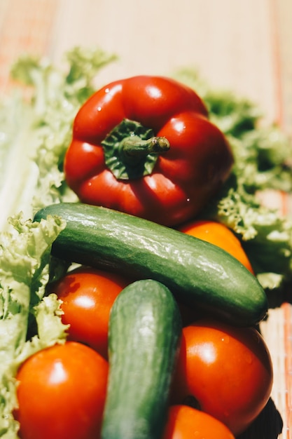 Vertical fresh vegetables red bell pepper tomatoes cucumbers green lettuce Summer still life Vegan raw vitamin diet quick dish clean eating organic food