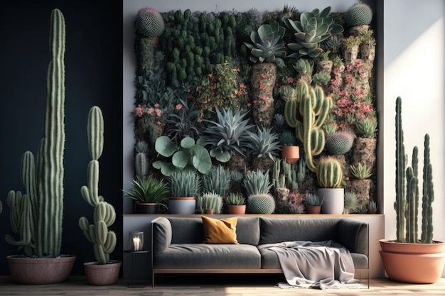 Vertical garden consisting of succulents and cacti in modern interior created with generative ai